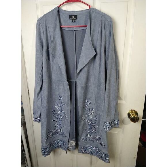 Curations Grey Blue Embroidery Floral Long Sleeve Lon Open Jacket. Size S - Picture 7 of 10